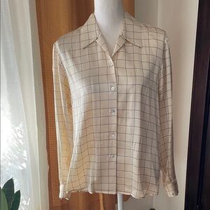 Windowpane grid plaid ivory and black cream silk button down blouse